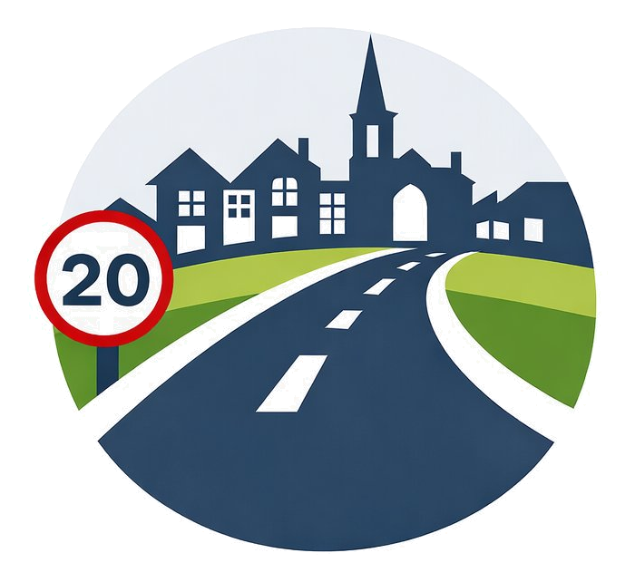 Dunblane Community Speedwatch — village silhouette beside a 20 mph road sign